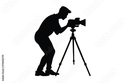 man-taking-photo-using-tripod-black-and-white-silhouette