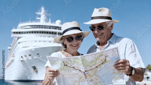 Elderly couple traveling on cruise ship. Happy elderly couple wearing summer hats studying map near large cruise ship. Retirement, travel, happiness. Ocean cruise, tourism and senior life concept