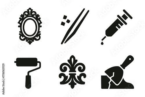 Antique Restoration Tools. Line style icons of Antique Restoration: gold mirror frame, gold flake tweezers, adhesive syringe,