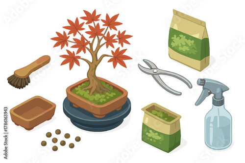 Bonsai Gardening Tools. Isometric vector illustration set of Bonsai gardening: small bonsai brush, bonsai turntable, shallow