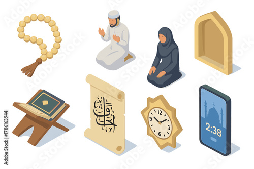 Islamic Devotion Symbols. Isometric vector illustration set of Islamic: prayer beads, man in thobe praying, woman in hijab. Quran