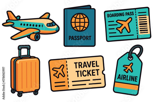Travel essentials for a smooth journey preparation process. Set of 6 vector illustration