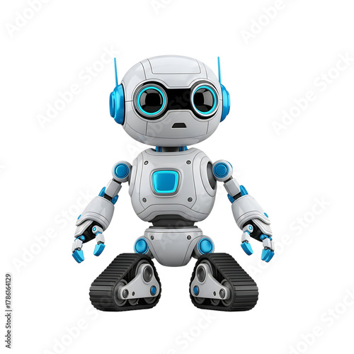 Adorable 3d robot figure with big eyes isolated on transparent background