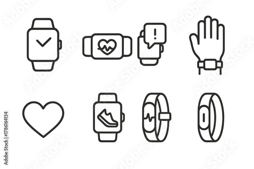 Wearable Tech Icons. Line style icons of Wearable Tech: Smartwatch, Health Monitor, Notification, Wrist, Heart Icon, Step Counter,
