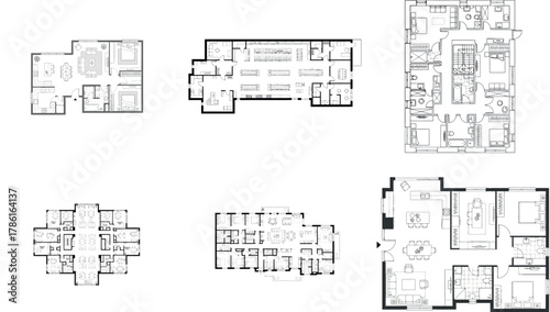 Set of six architectural floor plans for various residential units