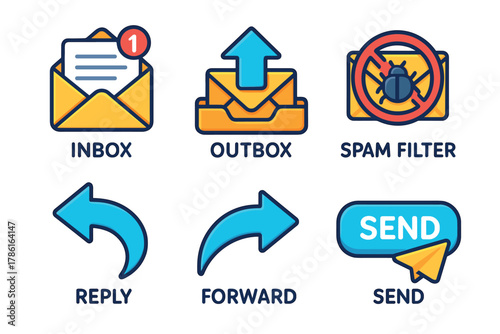Email communication concepts with inbox, outbox, and spam filter icons. Set of 6 vector illustration