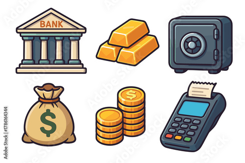 Banking concept with gold bars, safe, cash bag, and coins. Set of 6 vector illustration