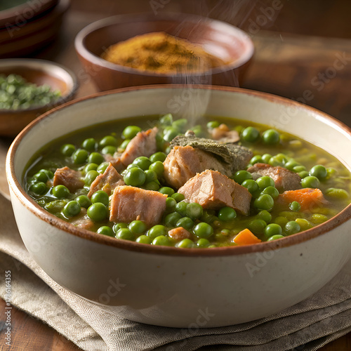 A bowl of steaming pea soup with ham chunks and carrots served on a wooden table setting