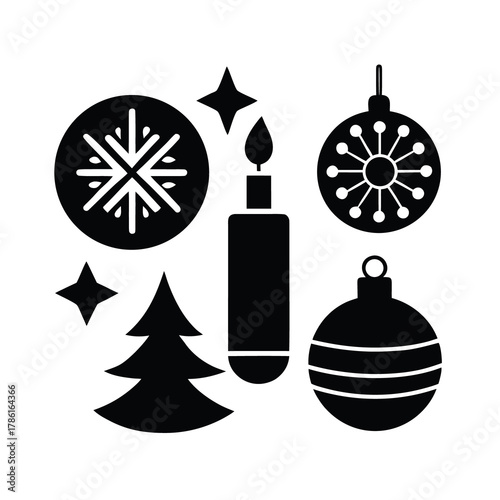 Festive holiday celebration icon collection Christmas tree gift box firework balloon cake candle star snowflake pumpkin