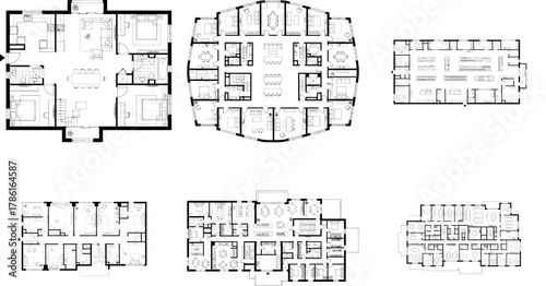Compilation of six distinct floor plans for residential properties