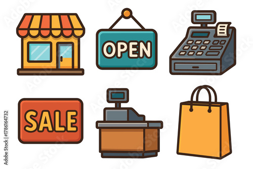 Retail elements with open sign, sale tag, and cash register display. Set of 6 vector illustration
