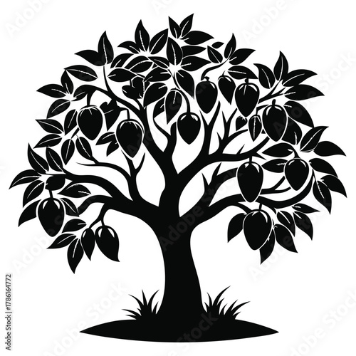 mango tree black and white silhouette on white background