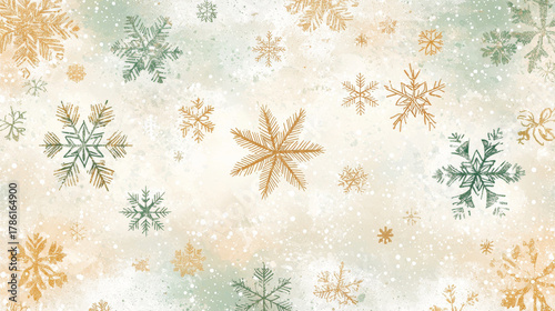 Gold and green snowflake pattern on textured winter background expressing festive calm