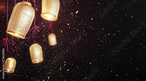 Golden hanging lanterns glow against starry black sky, festive and warm