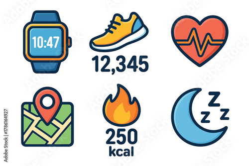 Fitness and health tracking essentials for an active lifestyle. Set of 6 vector illustration