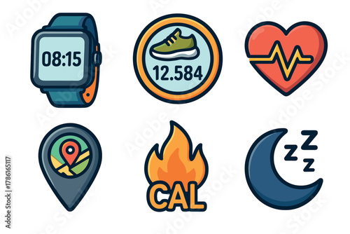 Fitness tracker icons for health monitoring and activity tracking. Set of 6 vector illustration