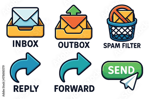 Email management with inbox, outbox, and spam filter icons. Set of 6 vector illustration
