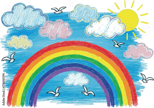 Create Crayon clouds with rainbow, sun and flying birds in blue sky. Kid doodle drawing on school chalkboard. Children color chalk or charcoal scribble. Vector background with white background.