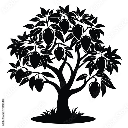 mango tree black and white silhouette on white background