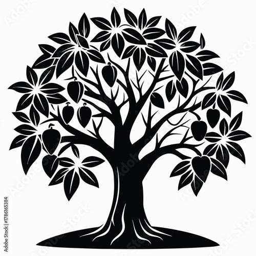 mango tree black and white silhouette on white background