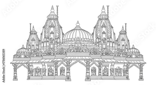 Detailed Line Art of an Ornate Temple Entrance.