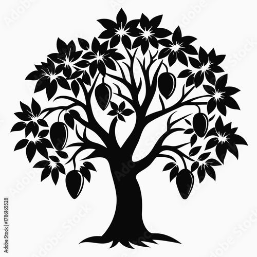 mango tree black and white silhouette on white background