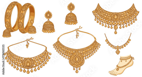 Elegant Gold Jewelry Collection - Bangles, Earrings, Necklaces, and Anklet.