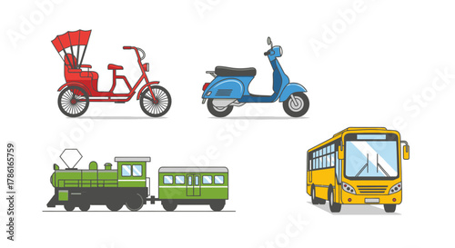 Diverse Transportation Vehicles - Rickshaw, Scooter, Train, and Bus Illustration.