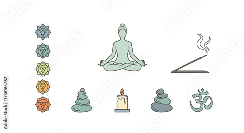 Meditation and Spiritual Wellness - Chakra Symbols, Yoga, Incense, and Stones.