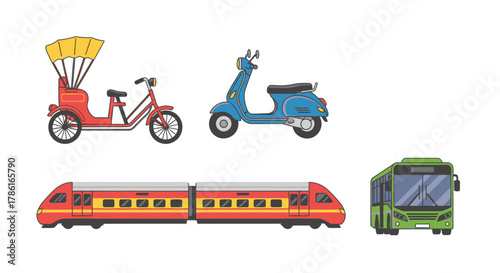 Diverse Transportation Modes - Rickshaw, Scooter, Train, and Bus Illustration.