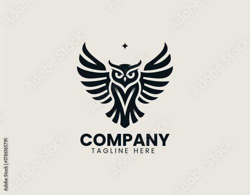 Majestic owl silhouette vector logo illustration with powerful, symmetrically spread wings and detailed feather texture. Wisdom and power concept