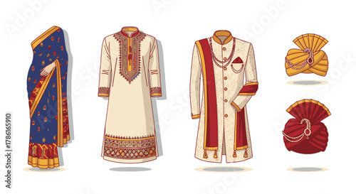 Traditional Indian Wedding Attire - Saree, Kurta, Sherwani, and Turbans.