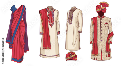 Traditional Indian Attire - Saree, Kurta, and Sherwani Illustrations.