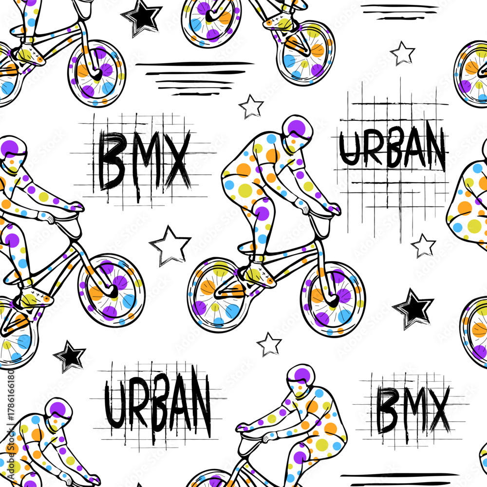Fototapeta premium BMX riders and graffiti text. Urban street design with colorful splashes, hand-drawn elements, and dynamic sport style for apparel and background prints.