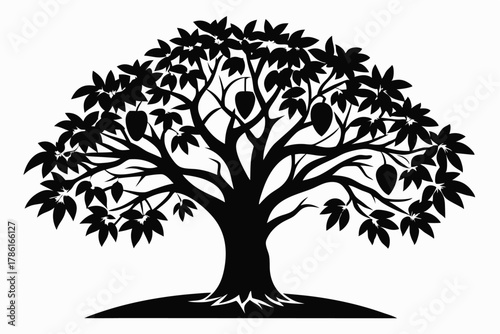 mango tree black and white silhouette on white background