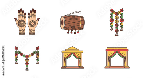 Indian Wedding Elements - Henna Hands, Drum, Garlands, and Mandaps.