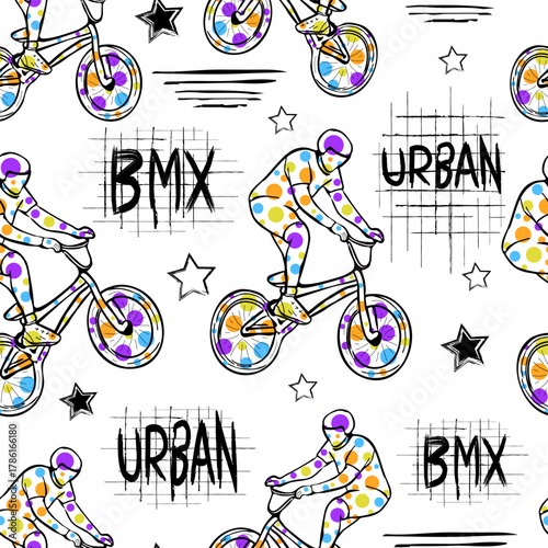 BMX riders and graffiti text. Urban street design with colorful splashes, hand-drawn elements, and dynamic sport style for apparel and background prints.