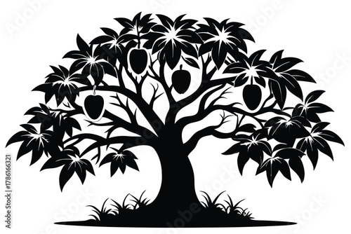 mango tree black and white silhouette on white background