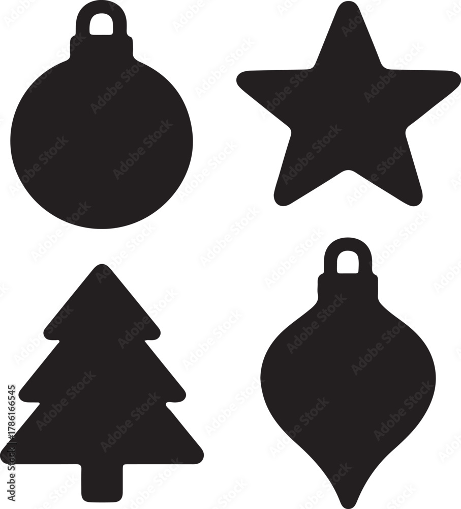 Obraz premium Christmas Ornament Silhouettes Set – Star, Tree, Round and Teardrop Holiday Icons