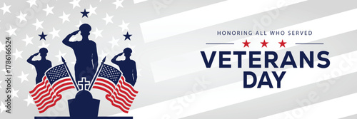 Veterans Day banner with a soldier silhouette saluting, flanked by American flags, set against a background of stars and stripes. Honors veterans and service members who served the USA.