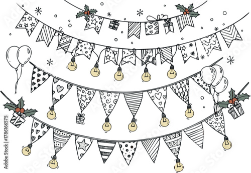 Create Doodle garland. Birthday party flags, hand drawn holiday pennant, sketch carnival garlands with lightbulb on string. Christmas bunting decoration, festive border. Vector isolated set with Backg
