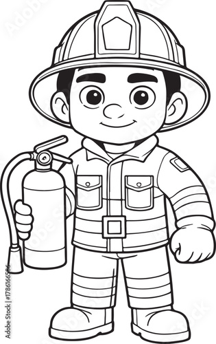 Firefighter Character Holding Fire Extinguisher in Protective Uniform
