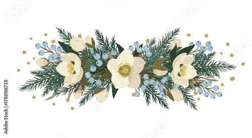 A beautiful floral arrangement features delicate white hellebore flowers, evergreen branches, and blue berries, perfect for winter holiday decorations.