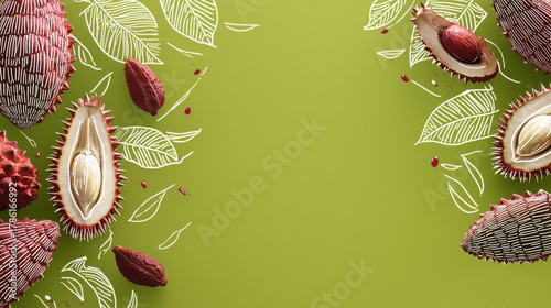 Green background with tropical cacao pods and seeds arranged with playful mood