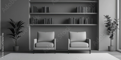 Grey living room interior with armchairs and bookshelf.