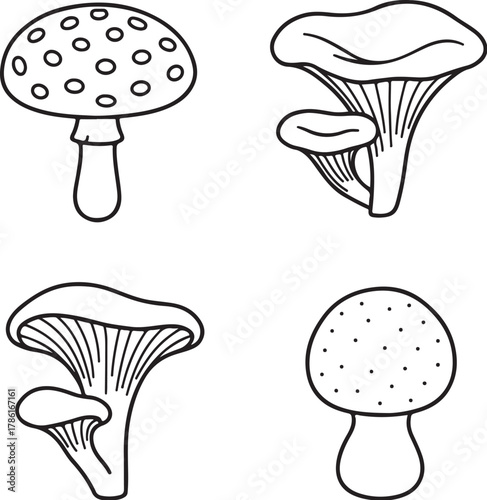 Fungi Species Black and White Vector Illustration.eps