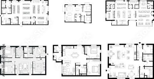 Collection of six different floor plans for residential buildings