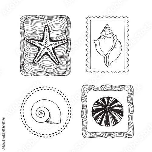 Vintage Marine Stamp with Hand-Drawn Seashells, Coastal Vector Frame and Design Elements