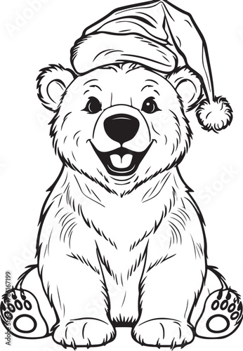 Bear Cub in Santa Hat Line Art – Festive Christmas Coloring Page Illustration
