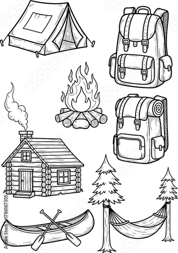 Collection of Camping and Outdoor Recreation Elements Including Tent, Cabin, Campfire, Backpacks, Canoe, Hammock and Trees